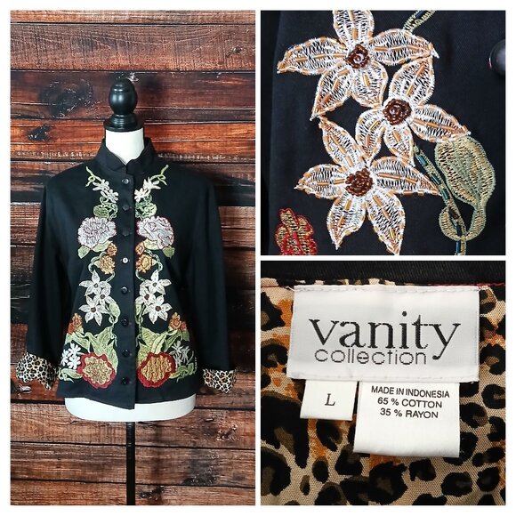 Vanity Vintage 90s Jacket L Cropped Embroidered Beaded Mandarin - Picture 1 of 10